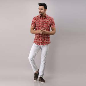 Men's Casual Red Cotton Floral Printed <b>Shirt</b> Woven Poplin Fabric Breathable XL Size Digital Printing Single Piece Package - Product Image 1