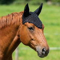 Voile anti-mouches noir en crochet avec détails en sequins argentés, confortable, de haute qualité, avec couvre-oreilles rembourrés doux, bonnet équestre fait main