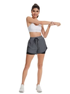 Shorts de sport pour femme à cordon de serrage, tissage superposé, séchage rapide, couleur unie, taille mi-haute, coupe élastique - Product Image 3