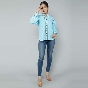 Blusa Formal Azul Cielo de Popelina de Algodón para Mujer, Estilo Casual de Negocios, Corte Ajustado, Tallas XL y 4XL, para Oficina, Temporada de Otoño - Product Image 5