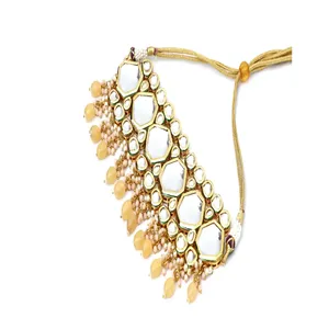 Gold-Plated Light Yellow Tumble and Polki Kundan <b>Studded</b> Bridal and Fine Jewelry Set with Zircon Main Stone - Product Image 2