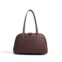 Sac à bandoulière marron clair pour femme, rectangulaire arrondi, structuré, double poignée, fermeture éclair supérieure, surpiqûres contrastées, grain texturé