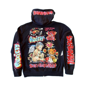 Sweat à capuche boxy pour homme, personnalisé, 100% coton, délavé à l'acide, vintage, avec impression numérique DTG, broderies et patchs, fermeture éclair, capuche hiver, effet vieilli - Product Image 1