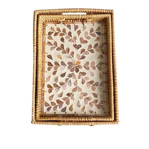 ราคาร้อน 2024 ตกแต่งถาดหวายโมเสคทอมือรอบแม่มุกฝังถาดหวายจากบัวสีฟ้าเวียดนาม - Product Image 3