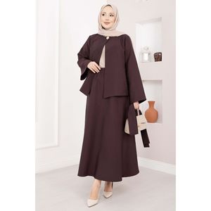 Ensemble jupe et veste décontracté asymétrique boutonné doré avec ceinture, couleur prune - Product Image 5