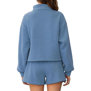 Fabriqué en usine femmes ciel 100% coton 300 GSM polaire demi-fermeture éclair à capuche et polaire court à vendre à des tarifs bon marché - Product Image 2