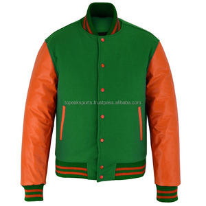 Chaqueta Varsity 2026 OEM Verde Bosque con Mangas de Cuero Naranja para Hombre, 100% Alta Calidad, MOQ Bajo, Chaquetas Calefactables Hechas a Medida - Product Image 1