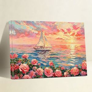 Impasto Sailboat Sunset - Impresión de arte de pared en lienzo con paisaje marino de rosas rosas, estilo pintura al óleo, para decoración del hogar, sala de estar y dormitorio - Product Image 1