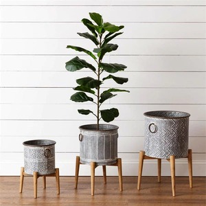 Galvanized Metal Grey Flower <b>Pots</b> and Planter Buckets with <b>Stands</b> KS International for Home Farmhouse Decor and Garden <b>Plants</b> - Product Image 1