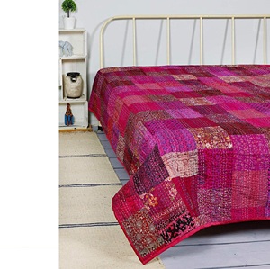 <b>WHITE</b> Indian Silk Patola Quilt Vintage Patchwork Quilt Silk Kantha <b>Bedspread</b> Bohemian Kantha Throw <b>Quilted</b> Kantha - Product Image 4