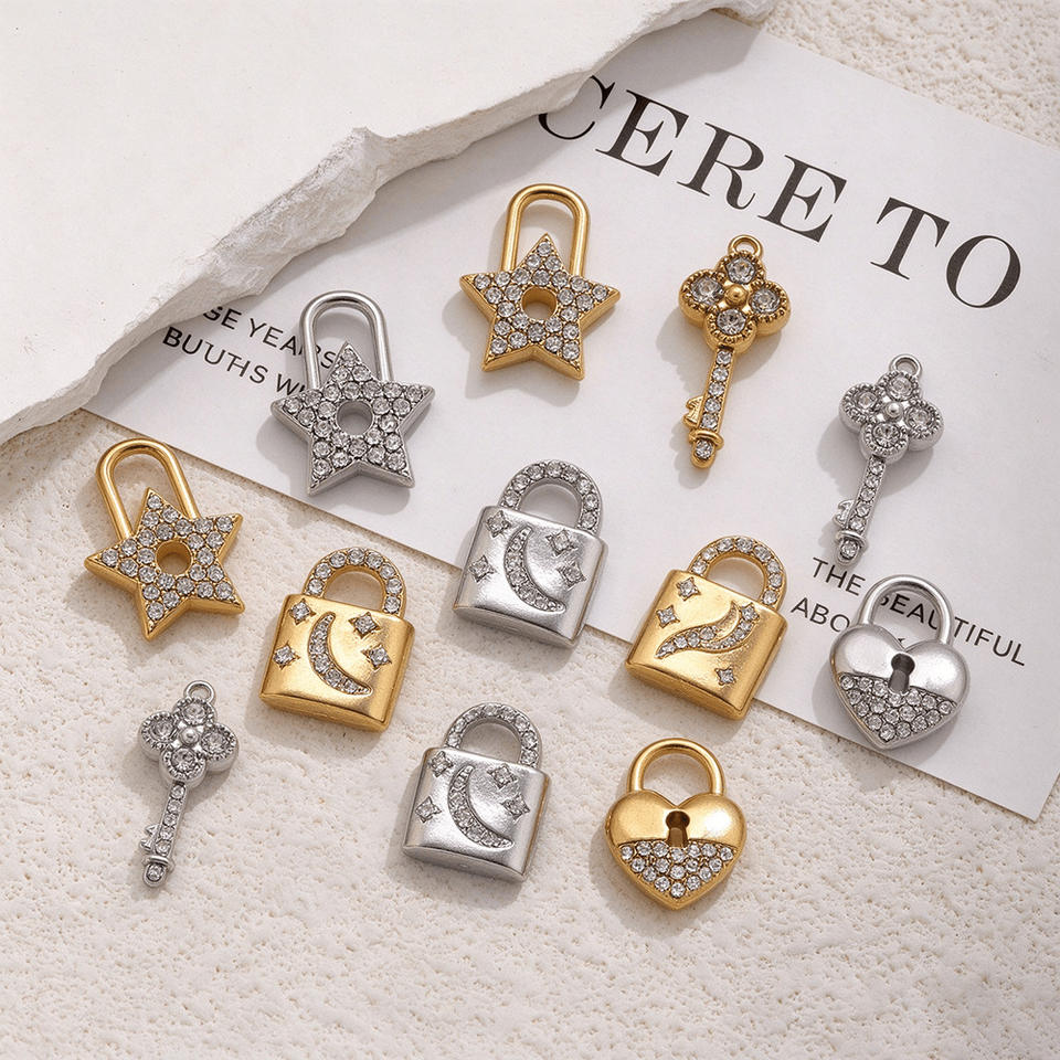 Pavé Lock & Key Charm | Stainless Steel 18K PVD Gold Zircon Love Heart ...