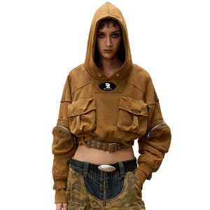 2024 Cropped Detachable Acid <b>Wash</b> Printed Breathable Long Sleeve Removable Hoodie for <b>Women</b> Winter Autumn - Product Image 1