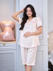 B826 ensemble short à pois rose pour femmes enceintes lin doux et frais absorbant la transpiration prix de gros - Product Image 5