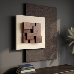 Arte Mural Abstracto Neutral Grande con Textura de Madera 3D, Arte Moderno con Base Metálica y Estampado Geométrico en Tonos Beige y Marrón - Product Image 2
