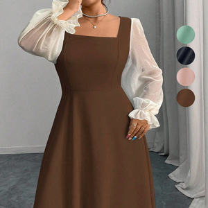 Vestidos elegantes de talla grande con cuello cuadrado y mangas abullonadas de malla para mujer - Product Image 4