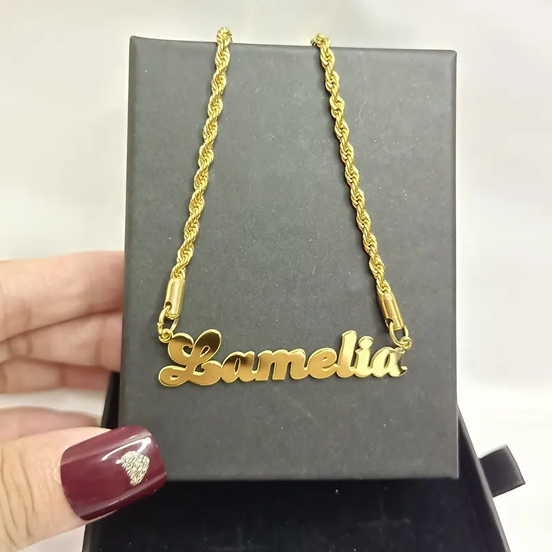 Gold Fashion Jewelry Necklace Custom Name Rope Chain Customized Metal Nameplate Necklaces Wholesale Personalize Pendant