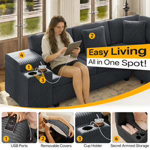 Modern L-Shaped Sectional <b>Sofa</b> Set Removable Ottoman Convertible Sleeper Hidden Armrest <b>Storage</b> USB Charging Cup Holders - Product Image 4