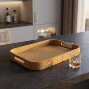 Ensemble de 2 plateaux rectangulaires modernes en cuir et bois avec poignées métalliques, décoration européenne pour la maison et <span class=keywords><strong>le</strong></span> bureau, organiseur de rangement, vente en gros - Product Image 1