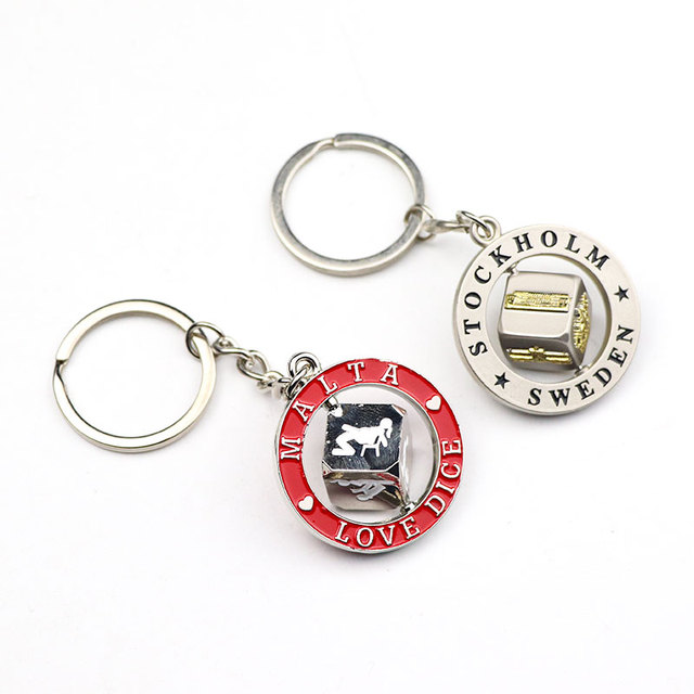 Wholesale Custom Logo Country City Tourist Souvenir Keychain Spinning Metal Dice Rotate Keychain