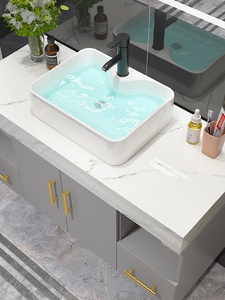 35in gris Gran hotel accesorios de baño MDF tocadores con tapa de mármol y contra de cerámica lavabo espejo <span class=keywords><strong>armarios</strong></span> - Product Image 5