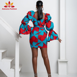 Mini robe imprimée <span class=keywords><strong>africaine</strong></span> de qualité supérieure pour femmes, à manches longues, bouffante, et épaules dénudées, - Product Image 3