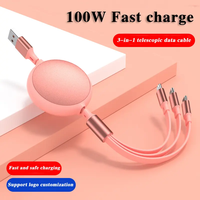 Câble Micro USB Télescopique 3-en-1 1.2M Ligne de Chargeur Rapide 6A pour Appareils IOS et Smart USB 100W Power Type-C Cable