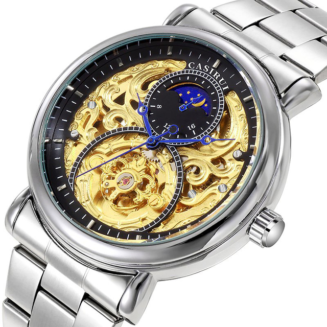Forsining Mechanical Automatic Watch Round 45mm Watch for Men Pointer Glass Alloy Stainless Steel Luxury Moon Phase Design Mens