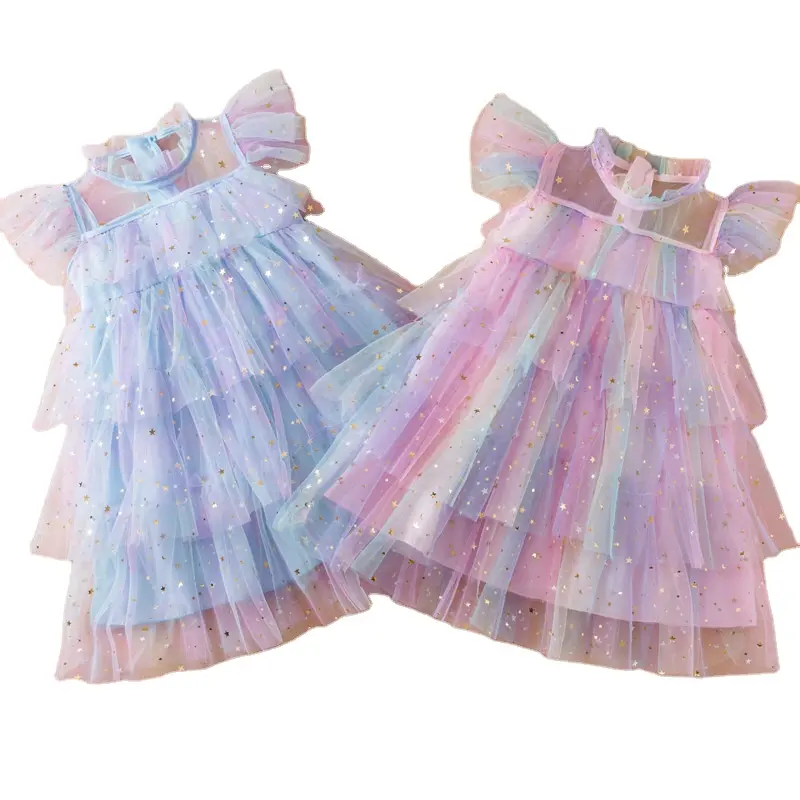 Summer Girl Unicorn Rainbow Tie Dye Tulle Layered Dresses Flutter Birthday Party Cake Mesh Sparkle Sequin Star Kids Tulle Dress