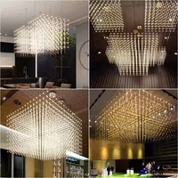 Lámpara de Araña Cuadrada Personalizada de Acero Inoxidable con Cubos de Cristal, Altura Ajustable, Múltiples Cabezales, LED E12 Regulable para Salones de Banquetes