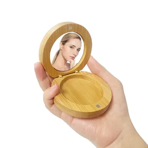 Mini miroir de voyage en bois de bambou, maquillage, poche, vente en gros