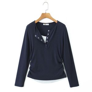 Ensemble deux pièces faux pour femme grande taille Runqi, haut à manches longues bleu marine avec boutons, couleur unie, étiquette incluse - Product Image 1