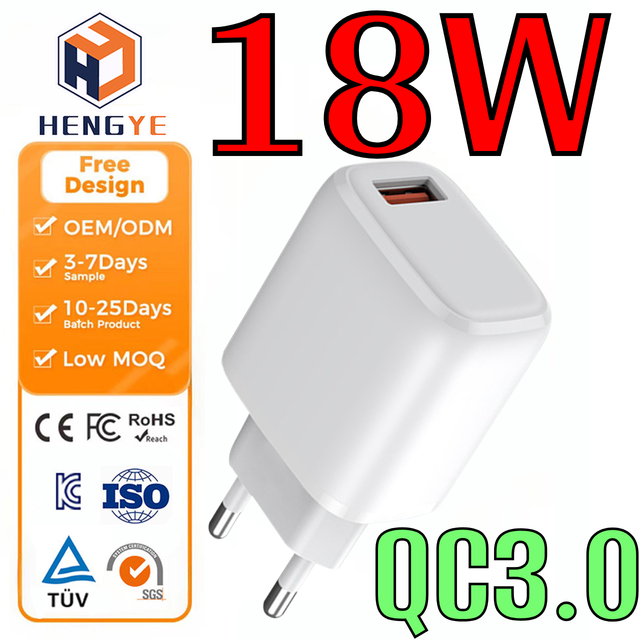 CE RoHS 18W Phone Charger EU US Plug 5V 3A Single Port Fast USB Type-A Wall Charger 3.0 Quick Charge