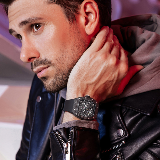 Bonest Gatti Top Luxury Automatic Men Carbon Fiber Refined Steel Skeleton Fashion Casual Mechanical Watch