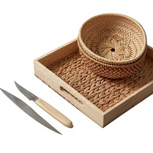 Plateau de service en jacinthe d'eau tressée, plateau de table décoratif en bois, pliable, à un seul niveau, carré, pour cuisine, salle de bain, maison - Product Image 2