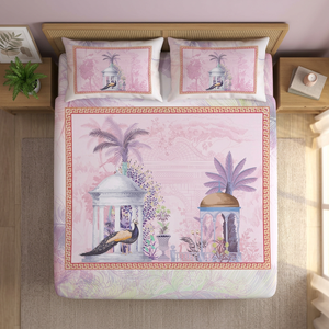 Pure <b>Satin</b> King Quilt <b>Set</b> Pastel Peacock Printed Solid Classic Style 2 Pillow Covers 300TC Knitted Organic Cooling Super Premium - Product Image 3