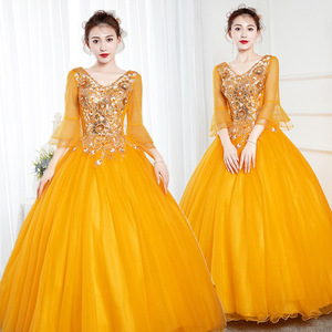 Golden Yellow Long Evening Gown With Embellished Bodice And Puffy Skirt For Women Stage <b>Performance</b> <b>Wear</b> - Product Image 1