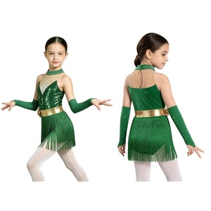 Costumes de danse pour filles : Haut à sequins, jupe à franges, gants, ceinture dorée, manchettes, pour compétition de danse latine et jazz, sur mesure - Product Image 2
