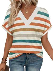 2026 European American for New Women's <b>Clothing</b> Pattern Casual V-neck Striped Multicolor Short Sleeve Loose Polyester Hot - Product Image 6