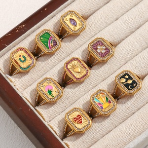 Bagues empilables carrées en acier inoxydable plaqué or 18 carats pour femmes, émail coloré, symbole porte-bonheur géométrique, bijoux rétro Y2K, tarot - Product Image 1