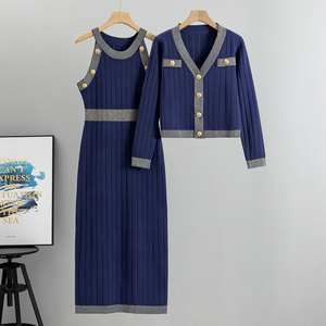 Tasarımcı yüksek kaliteli mizaç sosyetik yüksek belli moda kazak elbise sonbahar yeni kazak yelek elbise seti lüks - Product Image 1