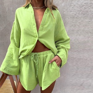 2023年秋女性服Tシャツ女性ツーピースセットセクシーネオングリーンカラーレースアップショートスウェットシャツスーツボタンダウンゆったりスーツ - Product Image 2