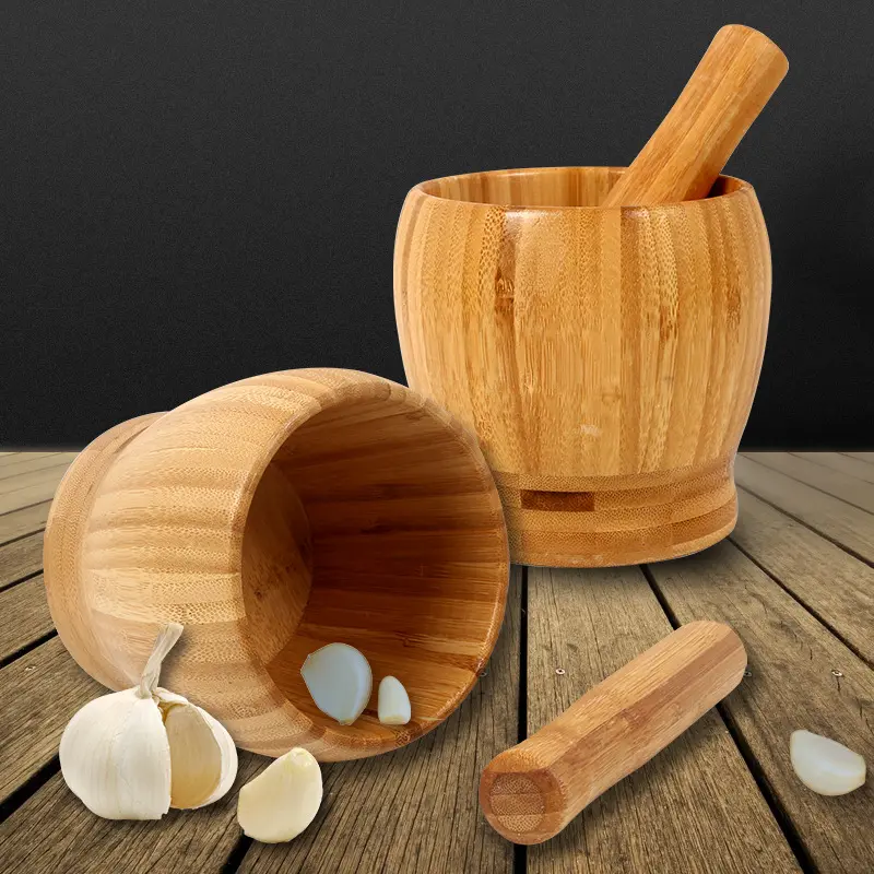 Wholesale Custom Wooden Mortar and Pestle Set Natural Bamboo Pepper Garlic Herb Spice Grinder Garlic Masher Kitchen Tools