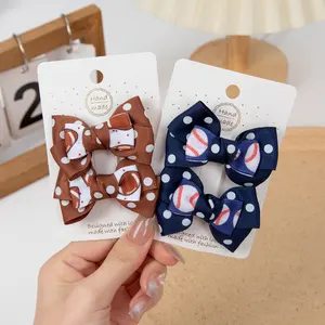 2Pcs/Set Baby FootBall Hair Pins Bows Ribbon Baseball Hair Clips Mini Sports Dots Printed Webbing Fully Covered Hair Clips