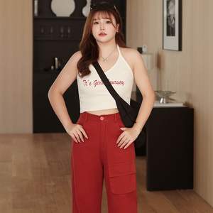 Débardeur en coton tricoté blanc cassé à col halter avec broderie de lettres pour femme Runqi N8684, grande taille - Product Image 1