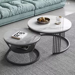 圆形茶几2件套，客厅现代茶几，人造大理石中央桌茶几，带储物床头柜 - Product Image 2