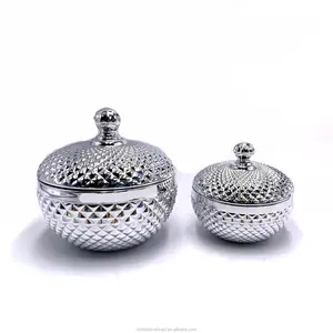Small Glass Diamond 4oz 10oz Circle Silver Jar For Candle Making With Glass Lid Crystal Glass Candy Jar With Lid Set Of 3 BR