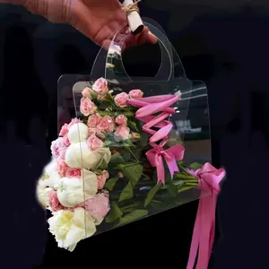 Tiktok Hot Sell Benutzer definierte PVC Kunststoff Transparente Blumen Tragetaschen Hochzeits geschenk Verpackung Taschen Für Blumenstrauß Mit Band