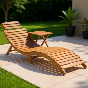 Acacia Wood Foldable Sun Lounger With <b>Table</b> Brown Outdoor Recliner Contemporary Design Tapered Legs Manual <b>Adjustment</b> - Product Image 2
