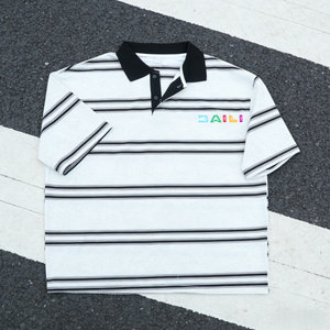 เสื้อยืดผู้ชายผ้าฝ้าย 100% คุณภาพพรีเมียม คอกลม แขนเสื้อแบบดรอปโชว์เดอร์ สตรีทแวร์ โอเวอร์ไซส์ ลายทาง - Product Image 1