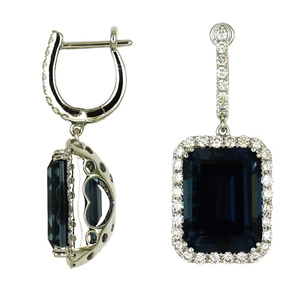 Sapphire Square Gemstone <b>Diamond</b> Halo <b>Dangle</b> <b>Earrings</b> 18K White Gold Luxury Jewelry Women Accessory - Product Image 1
